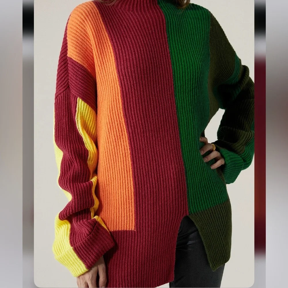Color Block Turtleneck Urban Long Sleeve Sweater - Picture 6 of 13